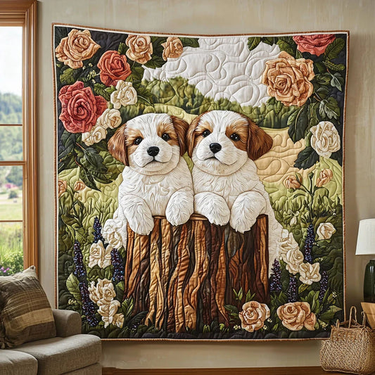 Dogs In Rose Garden Quilt Blanket