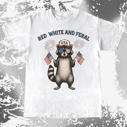 Red White And Feral Raccoon USA Shirt, funny meme tee gift (view 2)