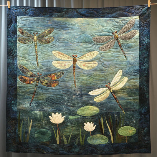 Dragonflies Over Lotus Pond Quilt Blanket
