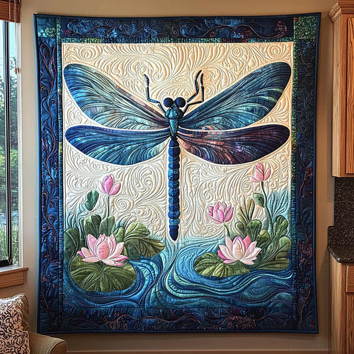 Dragonfly Above Lotus Quilt Blanket