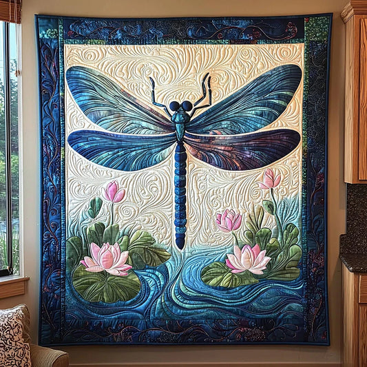 Dragonfly Above Lotus Quilt Blanket