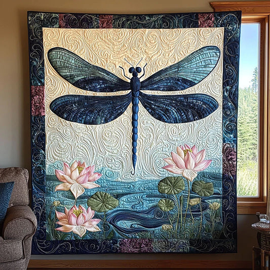 Dragonfly Above Lotus Quilt Blanket