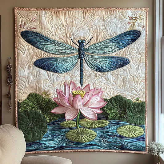 Dragonfly Above Lotus Quilt Blanket