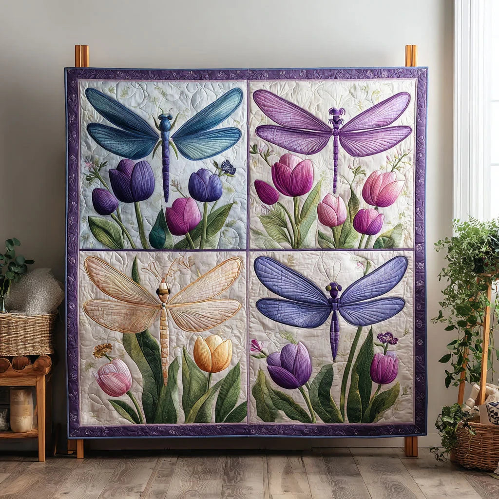 Dragonfly And Tulip Quilt Blanket