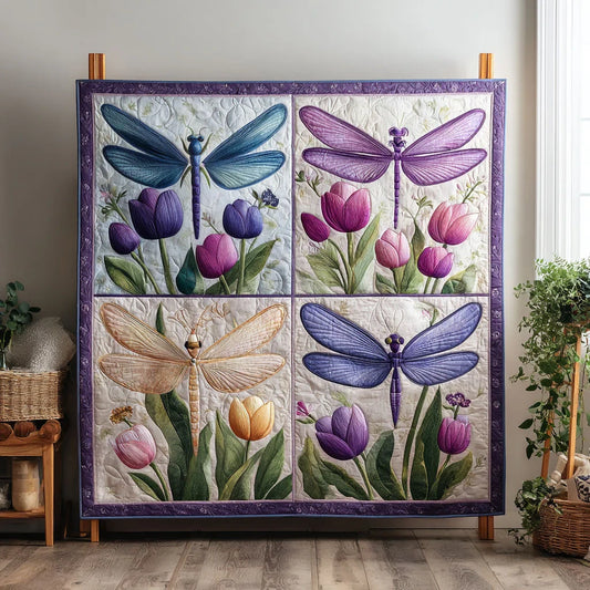 Dragonfly And Tulip Quilt Blanket