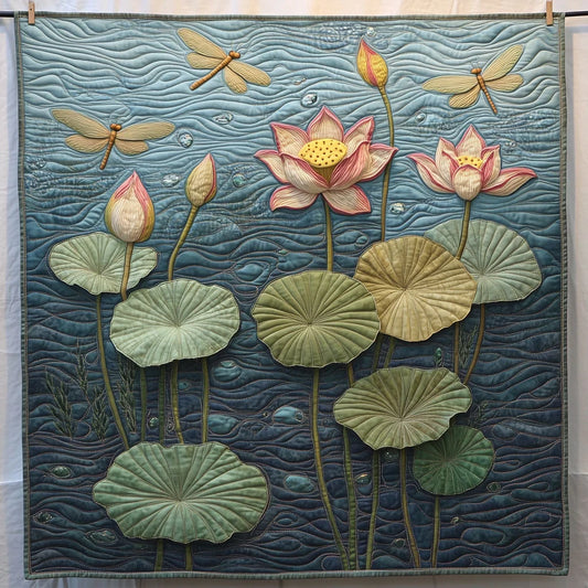 Dragonfly Flying Over Lotus Pond Quilt Blanket