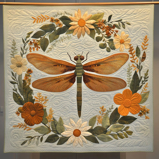 Dragonfly In Flower Circle Quilt Blanket
