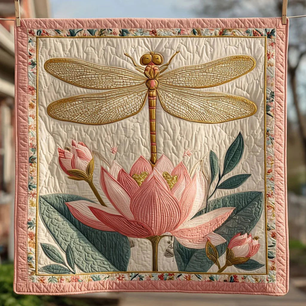 Dragonfly In Lotus Light Quilt Blanket