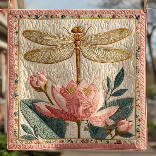 Dragonfly In Lotus Light Quilt Blanket