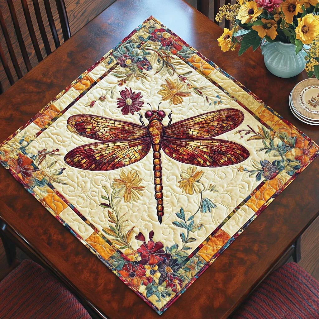 Dragonfly Magic Bloom Quilted Table Topper