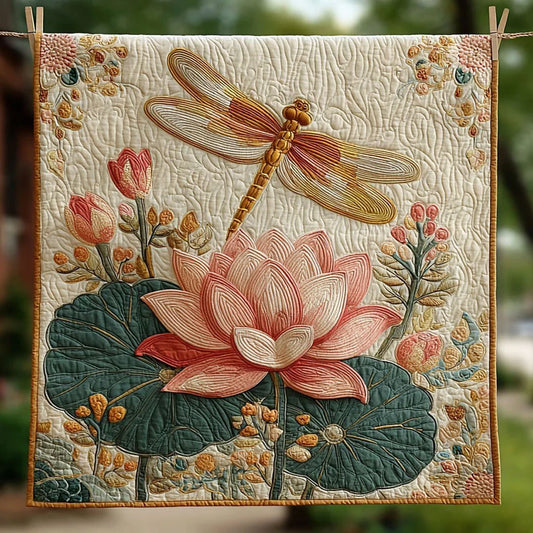 Dragonfly On Lotus Quilt Blanket