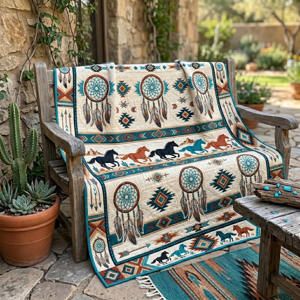 Dreamcatchers And Running Horses Quilt Blanket