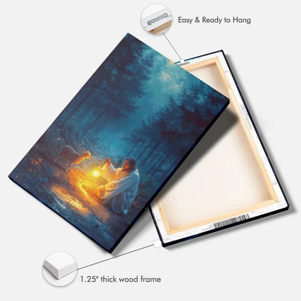 jesus rescues lamb at night wall art canvas (Landscape) (view 2)