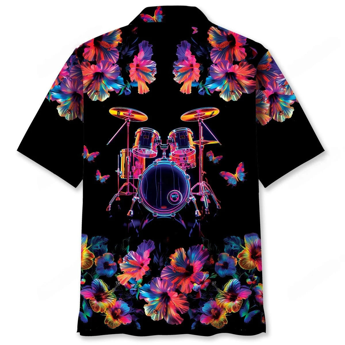 Drum Neon Hibiscus Flower Hawaiian Shirt