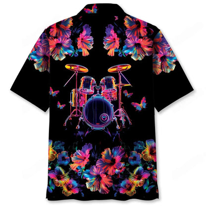 Drum Neon Hibiscus Flower Hawaiian Shirt