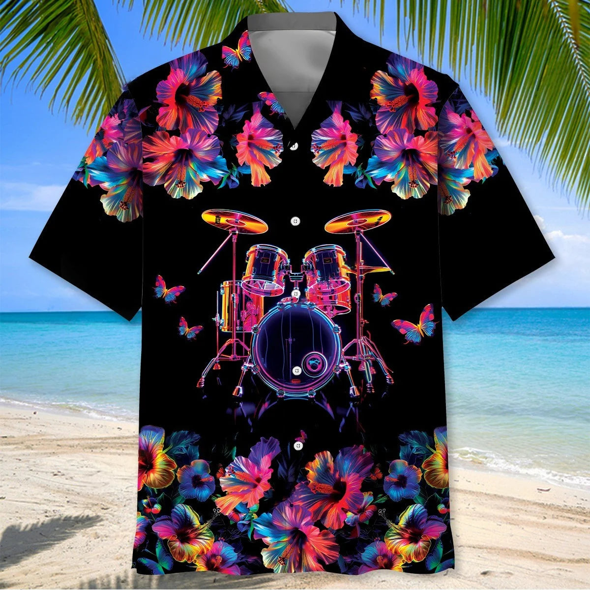 Drum Neon Hibiscus Flower Hawaiian Shirt