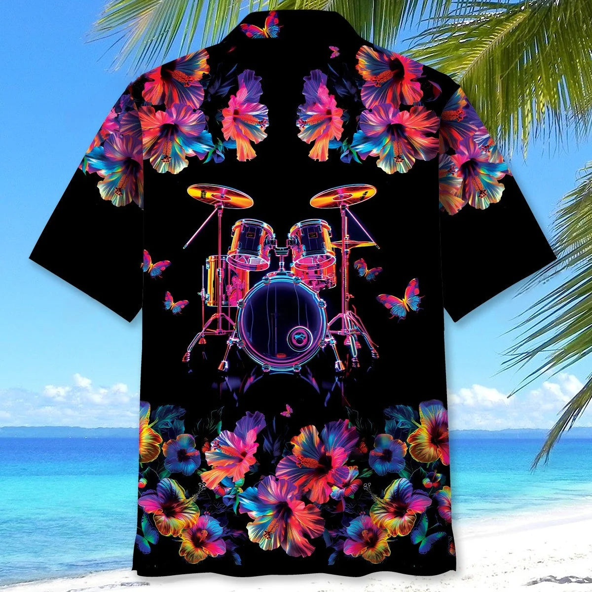 Drum Neon Hibiscus Flower Hawaiian Shirt