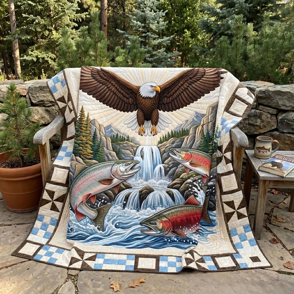 Eagle And Salmon Cascade Quilt Blanket
