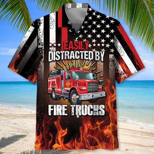 Easily Distracted by Fire Trucks Hawaiian Shirt