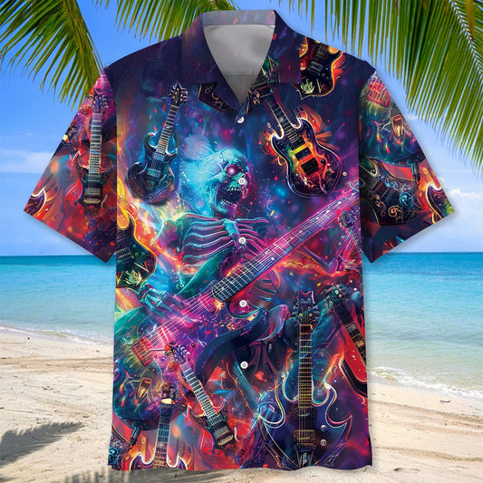 Electric Guitar Rock N Roll Skull Hawaiian Shirt - S - hawaiian shirt