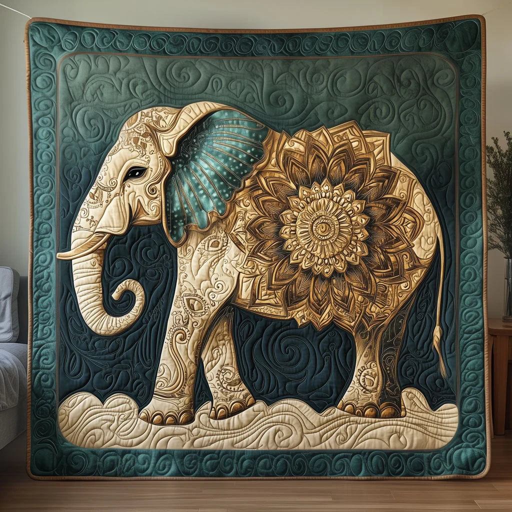 Elephant Gilded Emerald Guardian Quilt Blanket