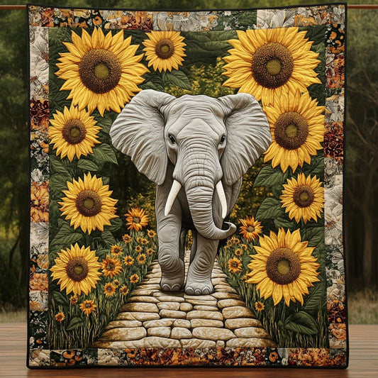Elephant In Sunflower Garden Quilt Blanket