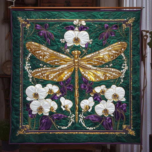 Emerald Orchid Dragonfly Quilt Blanket
