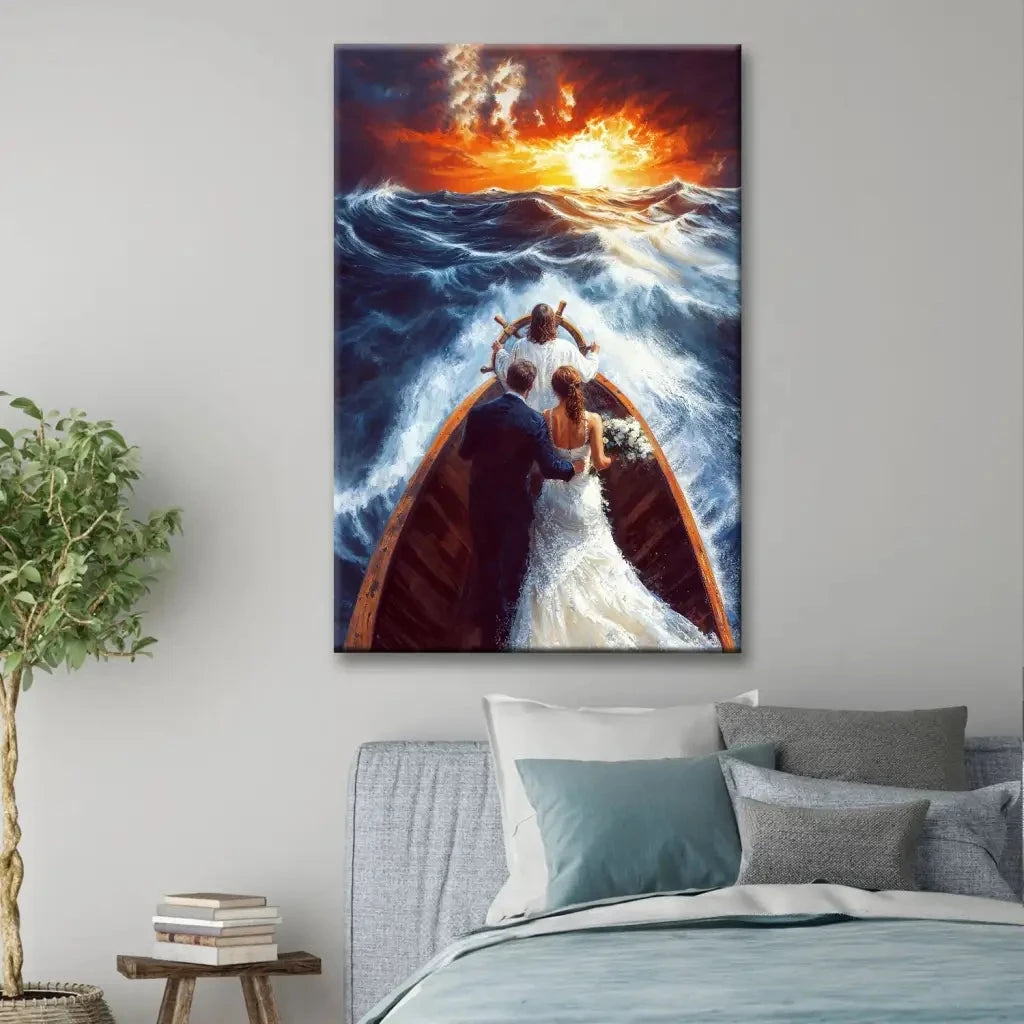 christian wall art jesus taking the wheel guiding a married couple through storms canvas (view 3)