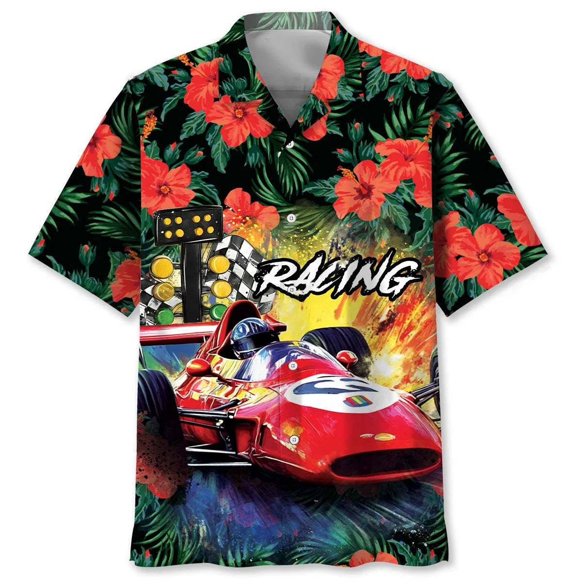 European Racing Car Hibiscus Hawaiian Shirt