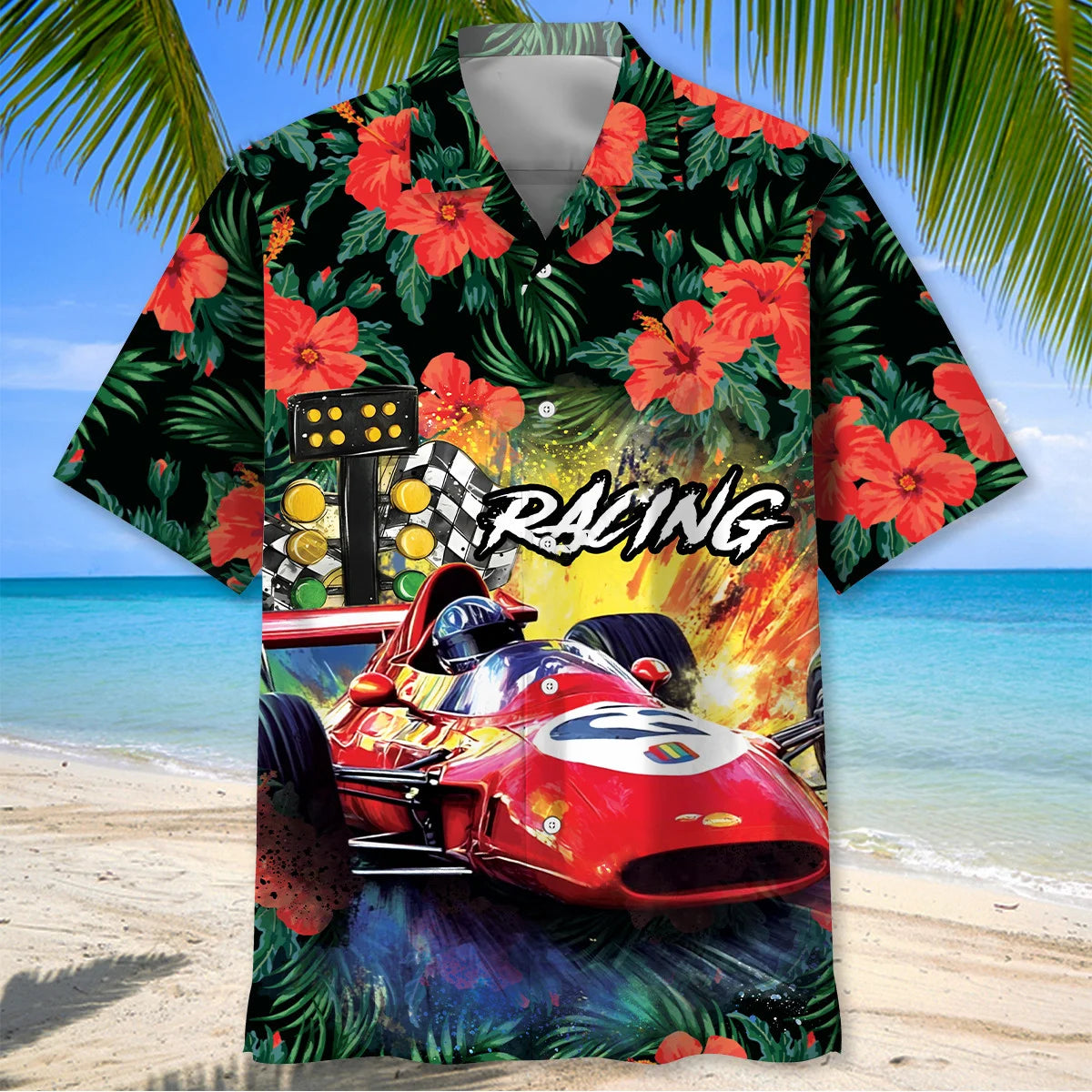 European Racing Car Hibiscus Hawaiian Shirt