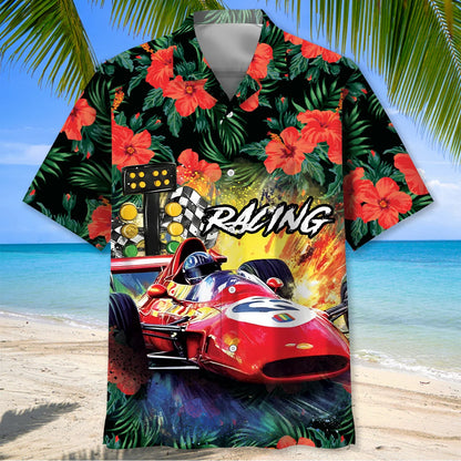 European Racing Car Hibiscus Hawaiian Shirt