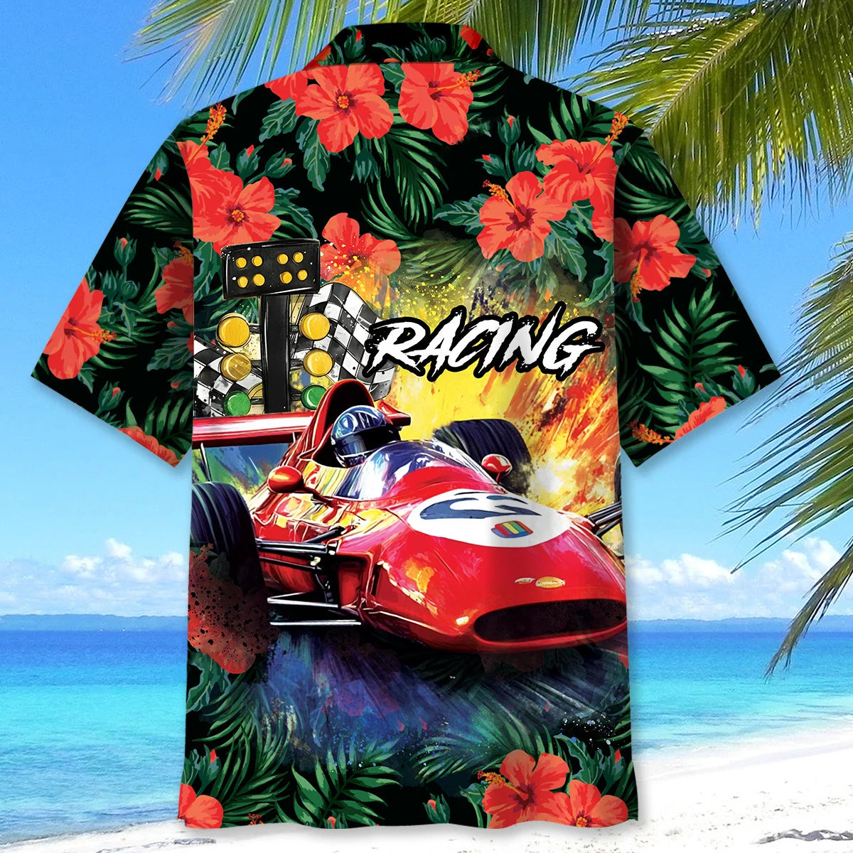 European Racing Car Hibiscus Hawaiian Shirt
