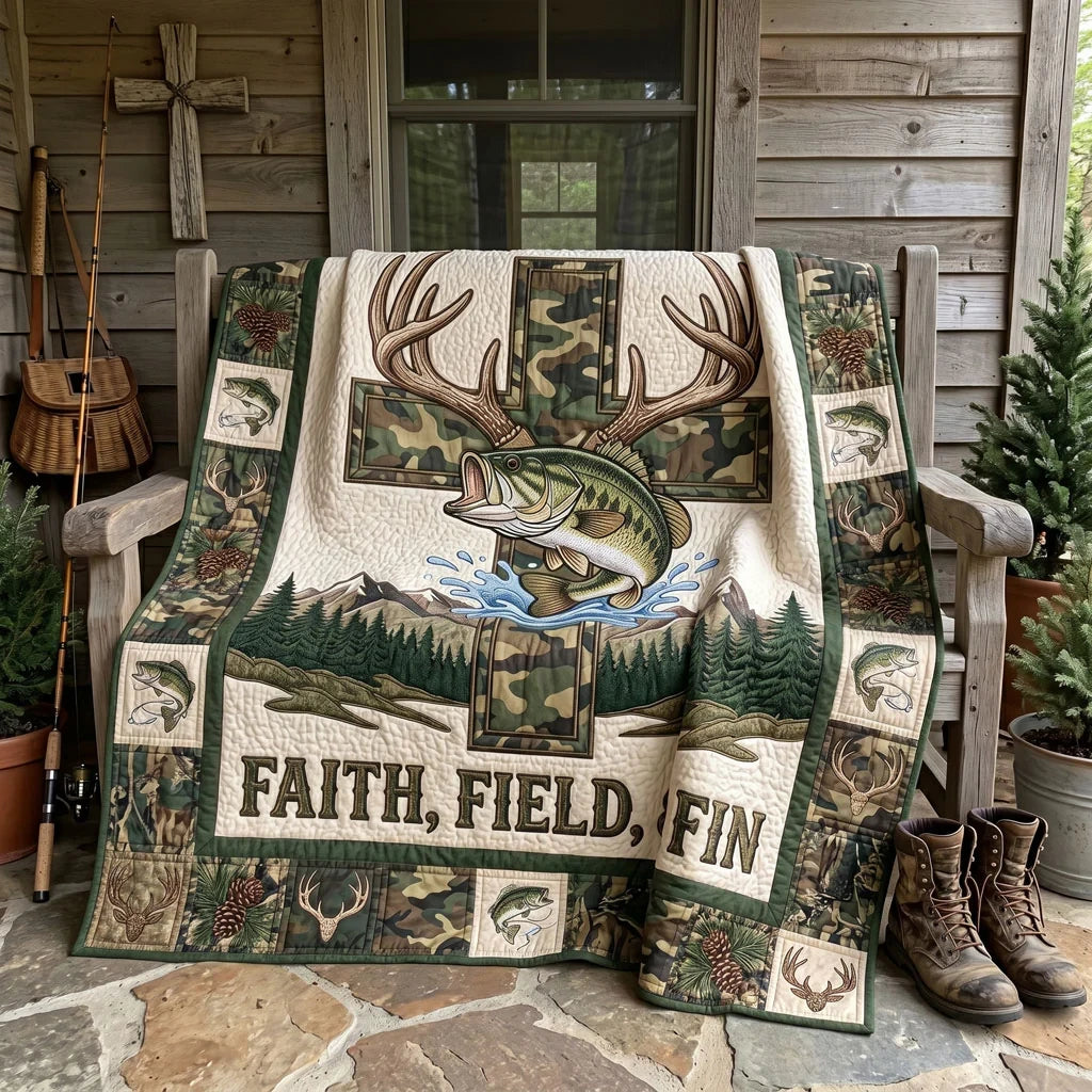 Faith Field And Fin Hunting Fishing Quilt Blanket