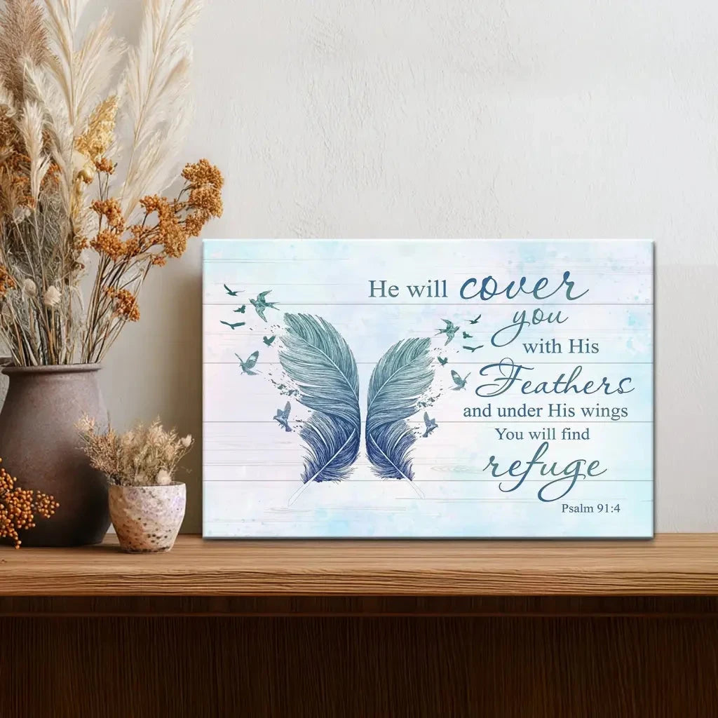 he will cover you with his feathers psalm 91 4 bible verse wall art canvas (Landscape) (view 2)