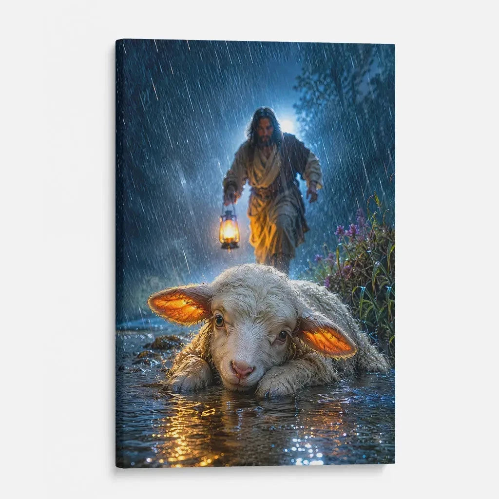 jesus rescues the lost lamb in the storm christian wall art canvas (view 6)