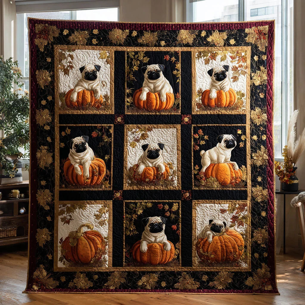 Fall Pumpkin Pug Quilt Blanket