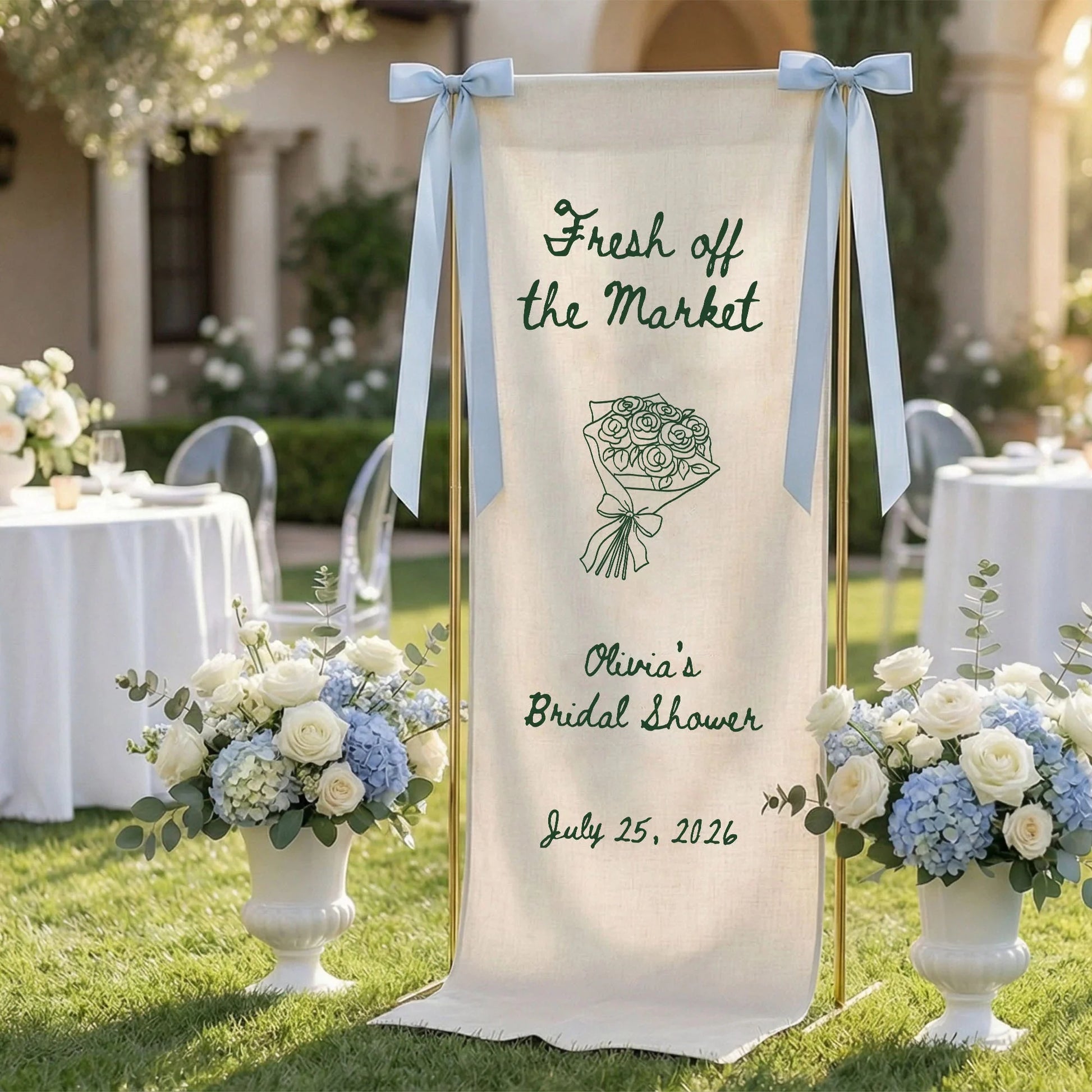 Farmers Market Bridal Shower Banner Stand Personalized Bridal Shower Welcome Sign Custom Name Linen Decor, bridal shower d...