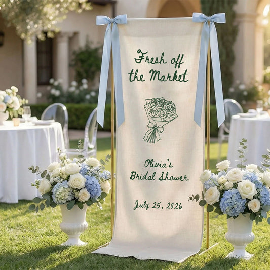 Farmers Market Bridal Shower Banner Stand Personalized Bridal Shower Welcome Sign Custom Name Linen Decor, bridal shower d...