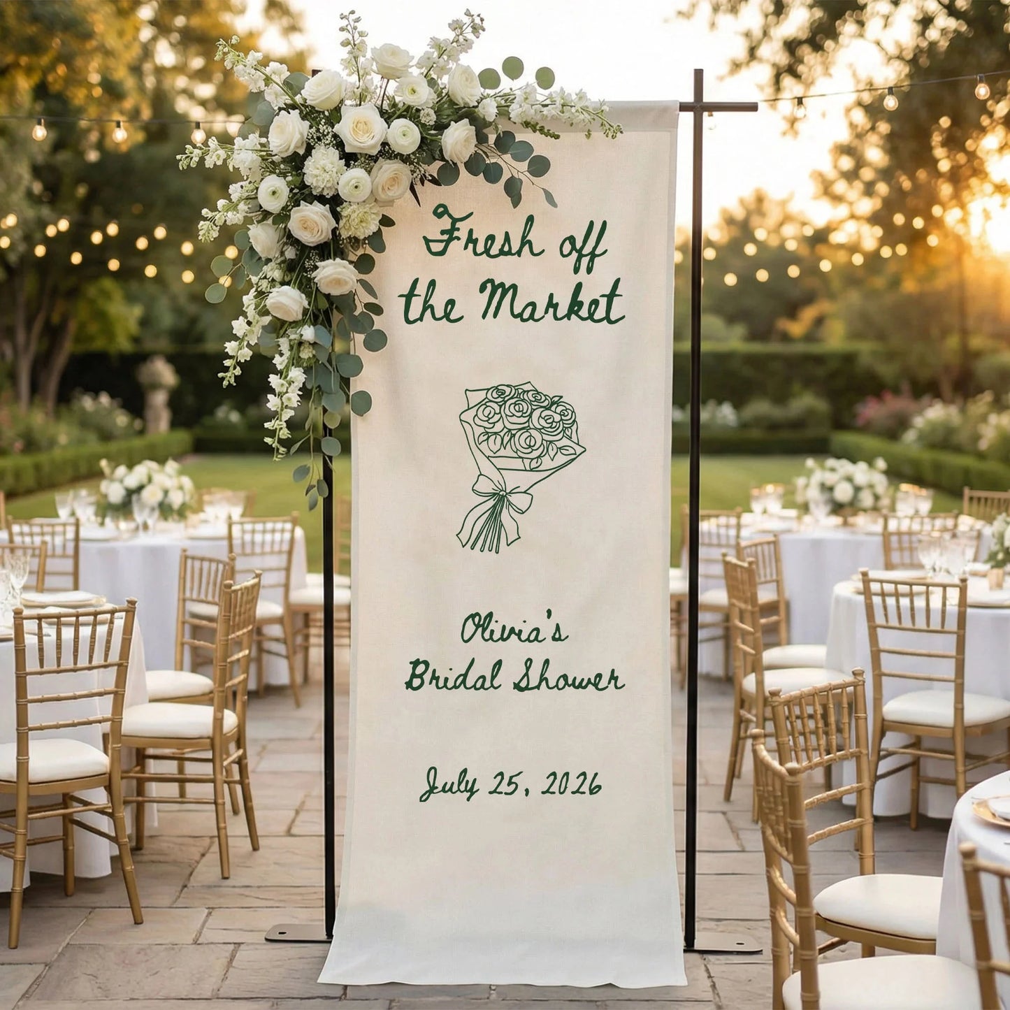 Farmers Market Bridal Shower Banner Stand Personalized Bridal Shower Welcome Sign Custom Name Linen Decor, bridal shower d...