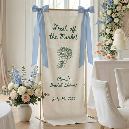 Farmers Market Bridal Shower Banner Stand Personalized Bridal Shower Welcome Sign Custom Name Linen Decor, bridal shower d...