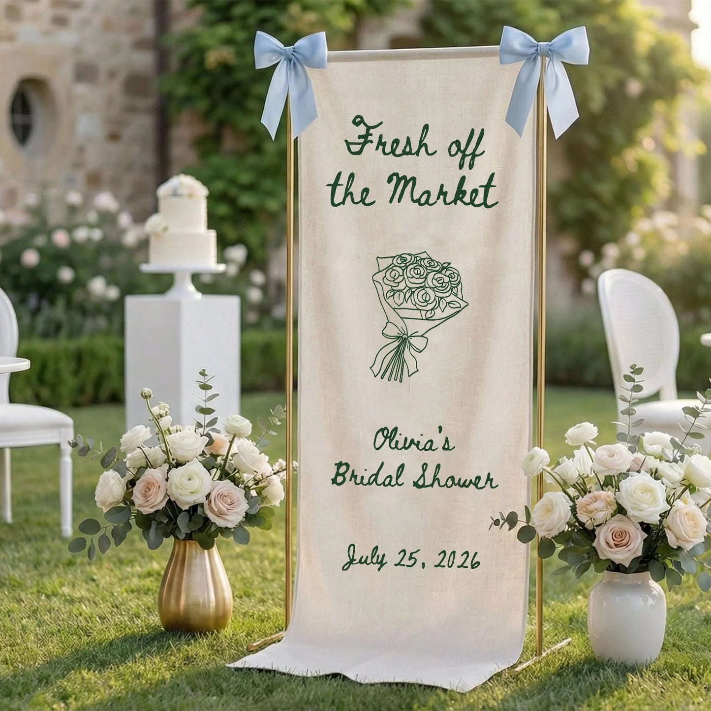 Farmers Market Bridal Shower Banner Stand Personalized Bridal Shower Welcome Sign Custom Name Linen Decor, bridal shower d...