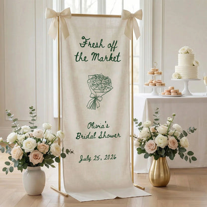 Farmers Market Bridal Shower Banner Stand Personalized Bridal Shower Welcome Sign Custom Name Linen Decor, bridal shower d...