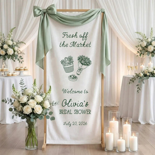 Farmers Market Bridal Shower Banner Stand Personalized Bridal Shower Welcome Sign Custom Name Linen Decor, bridal shower d...