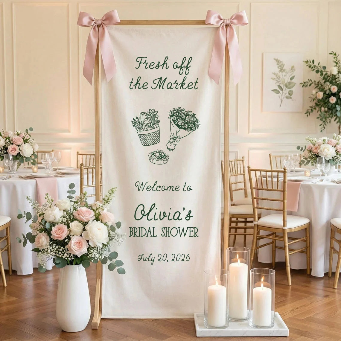Farmers Market Bridal Shower Banner Stand Personalized Bridal Shower Welcome Sign Custom Name Linen Decor, bridal shower d...