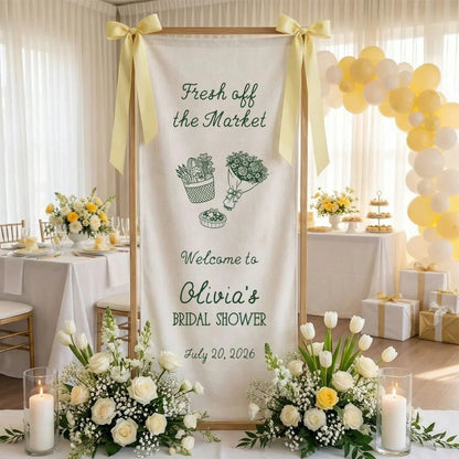 Farmers Market Bridal Shower Banner Stand Personalized Bridal Shower Welcome Sign Custom Name Linen Decor, bridal shower d...