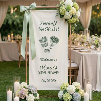 Farmers Market Bridal Shower Banner Stand Personalized Bridal Shower Welcome Sign Custom Name Linen Decor, bridal shower d...