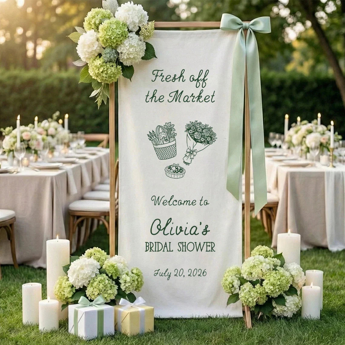 Farmers Market Bridal Shower Banner Stand Personalized Bridal Shower Welcome Sign Custom Name Linen Decor, bridal shower d...