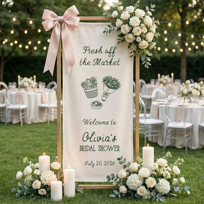Farmers Market Bridal Shower Banner Stand Personalized Bridal Shower Welcome Sign Custom Name Linen Decor, bridal shower d...