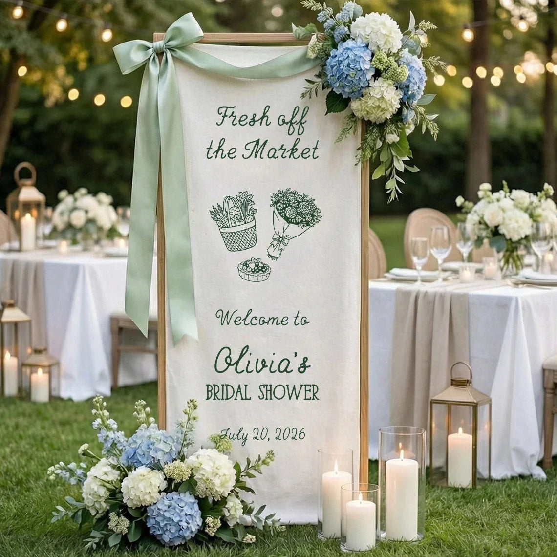 Farmers Market Bridal Shower Banner Stand Personalized Bridal Shower Welcome Sign Custom Name Linen Decor, bridal shower d...