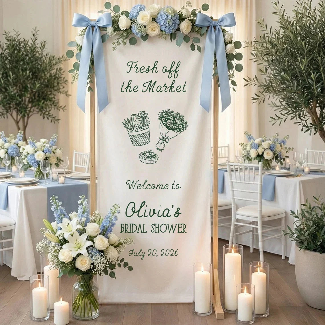 Farmers Market Bridal Shower Banner Stand Personalized Bridal Shower Welcome Sign Custom Name Linen Decor, bridal shower d...